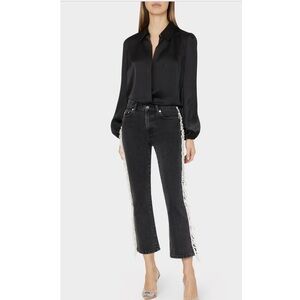 Milly Satin Karson Wrap Blouse in Black.